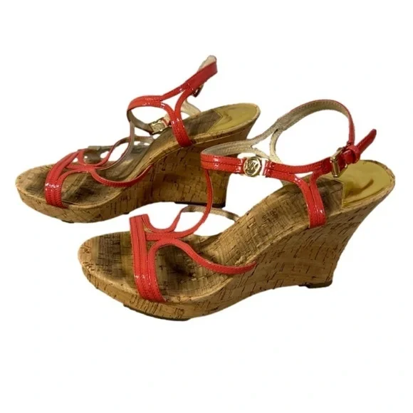 Michael Kors coral pink wedges with gold buckle MK strap size 7.5 - Picture 5 of 7